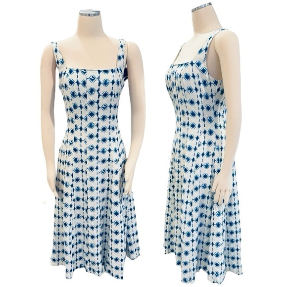 Christian Lacroix Geometric Linen Blend Square Neck Fit and Flare Midi Dress NEW - Picture 3 of 8